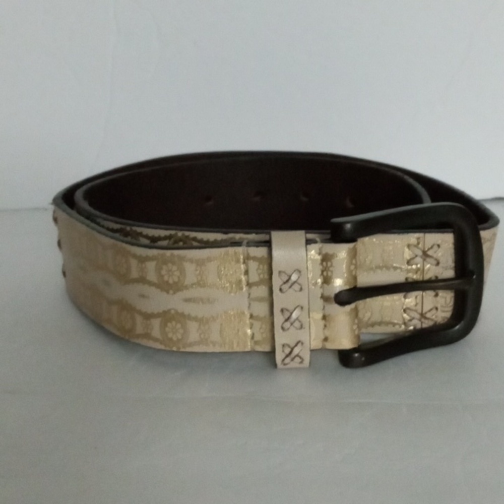 Genuine Leather Belt Cream and Gold Design Size S Preowned - Picture 1 of 7